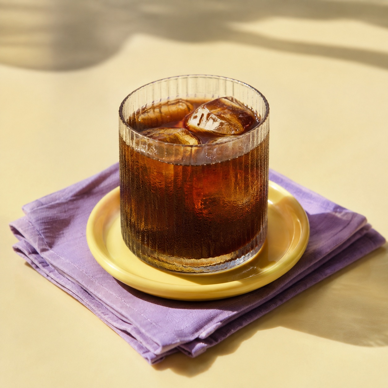 Iced coffee in a ribbed glass on a butter-yellow table with a lilac napkin